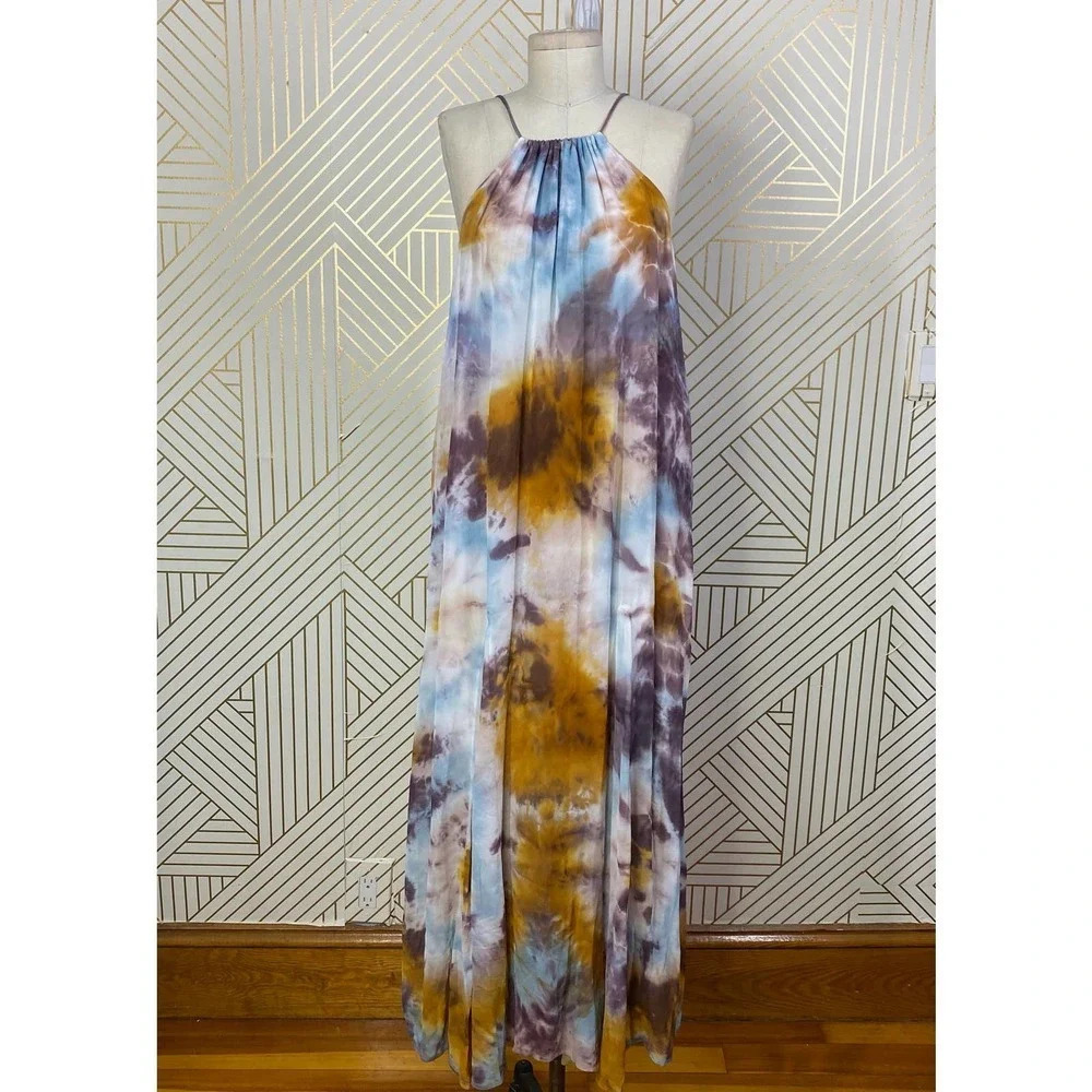 Young Fabulous & Broke Elie Trapeze Orange Blue White Maxi Dress Size Medium - Picture 2 of 12